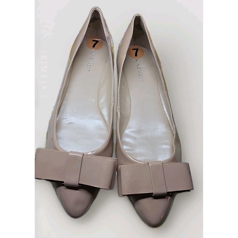 Nine West Sz 7 Vegan Patent Leather‎ Nude Ballet Flats With Large Bow #451